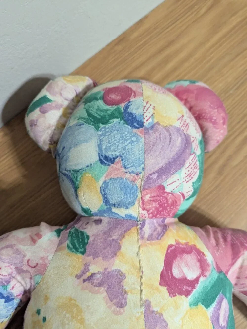 VINTAGE HANDMADE FLORAL FABRIC TEDDY BEAR